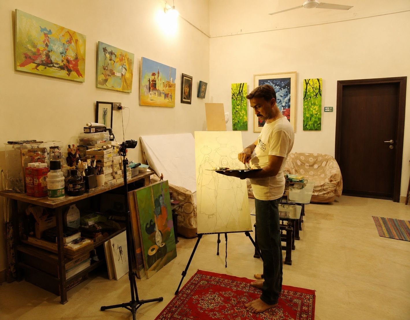 Abdul Hameed Gull painting in his studio